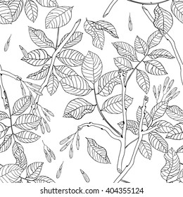 Vector hand drawn black and white floral seamless pattern of ash tree for textile, fabric, postcards, wallpaper, scrapbooking and others