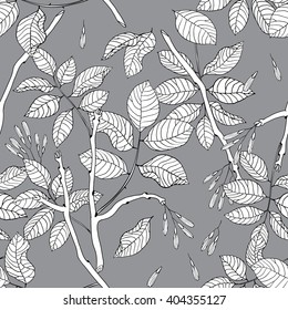 Vector hand drawn black and white floral seamless pattern of ash tree for textile, fabric, postcards, wallpaper, scrapbooking and others