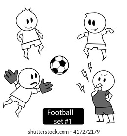 Vector hand drawn black and white cute doodle set - football players. Cartoon characters in soccer sport - game, victory and active life illustration. Action figures in competition. 