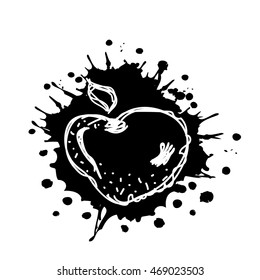 Vector hand drawn black and white fruits illustration of strawberry with splash and drop, isolated on the white background. Line drawing, Series of Artistic, Ornamental vector Illustration.