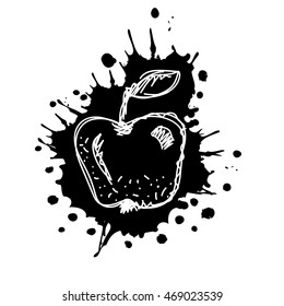 Vector hand drawn black and white fruits illustration of apple with splash and drop, isolated on the white background. Line drawing, Series of Artistic, Ornamental vector Illustration.