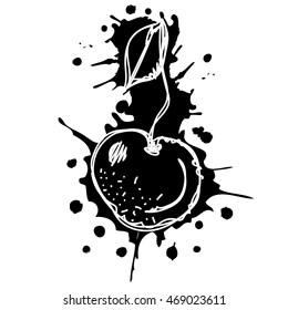 Vector hand drawn black and white fruits illustration of cherry with splash and drop, isolated on the white background. Line drawing, Series of Artistic, Ornamental vector Illustration.