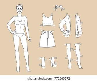 Vector hand drawn black and white illustration of a girl in the underwear is standing in front. Paper doll of a girl in 90s fashion style. Set of woman clothes with hairstyle  isolated from background