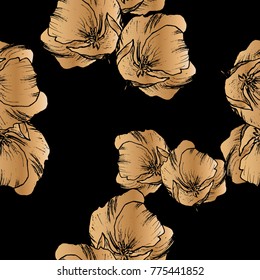 Vector hand drawn black and white poppy flower pattern seamless background
