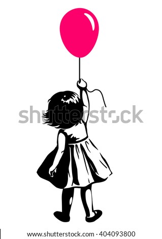 Vector hand drawn black and white silhouette illustration of a toddler girl standing with pink red balloon in hand, back view. Urban street art style graffiti stencil art design element.