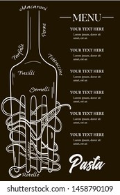 Vector hand drawn blackboard pasta menu with spaghetti on a fork  Vintage line art illustration for your restaurant business.