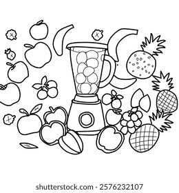  Vector hand drawn blender and fruits. blender for smoothies and mixed drink. illustration