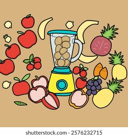  Vector hand drawn blender and fruits. blender for smoothies and mixed drink. illustration