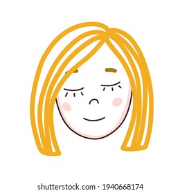 Vector hand drawn blond girl illustration. Cute childish clip art isolated on white background. Straight hair child face clip art.