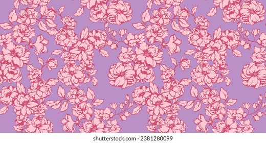 Ramas florecientes dibujadas a mano vectorial entrelazadas en un patrón sin fisuras. Resumen, artística, simple estampación floral púrpura. Plantilla para el diseño, textil, de moda, de impresión, de superficie, de tela