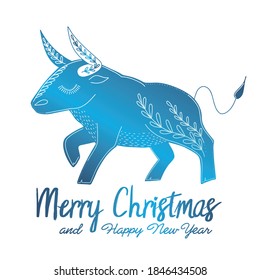 Vector hand drawn blue bull, text Merry Christmas. Greeting card, isolated on white background