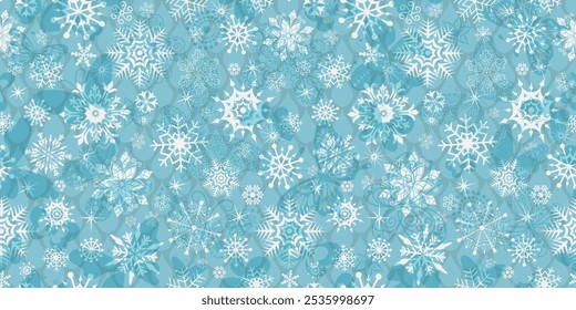 Vector dibujado a mano Navidades azules sin patrón con copos de nieve vintage blanco y estrellas y gotas y mariposas
