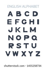 Vector hand drawn blue english alphabet on the white background. Kid style drawing with footprints font and signs ABC.