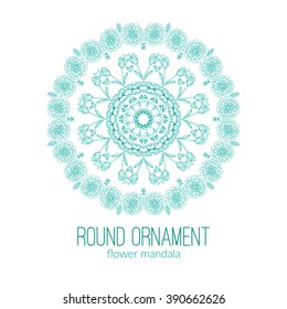 Vector hand drawn blue floral mandala circle ornament isolated on the white background. For tattoo design or greetings card, for design, associated with yoga and India.