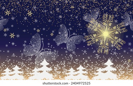 Vector hand drawn blue frame with a fairytale Christmas forest, butterflies,  snowflakes and a bright Christmas star. 