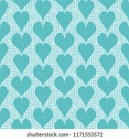 Vector hand drawn blue hearts with hand drawn checkers texture on top seamless repeat pattern background. Perfect for textile, paper, stationery, occasions, backdrops, home decor and furnishings. 