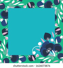 Vector hand drawn blue poppies on a green background. Floral illustration for banners, wallpapers, cards and wrapping. Frame with poppies.