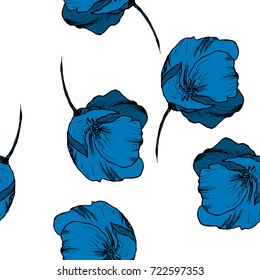 Vector hand drawn blue poppy flower pattern seamless white background wallpaper, textile, fabric
