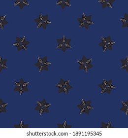 Flores geométricas blancas azules dibujadas a mano vectoras, hojas lineales, patrones oscuros sin costura. Diseño de patrones de superficie, fondo. Ideal para el diseño de bodas, decoración casera y telas.