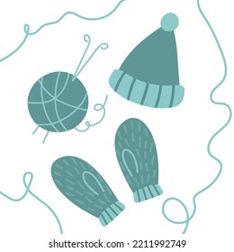 Vector Hand Drawn Blue Yarn, Hat With Pompom And Mittens. Design Greeting Cards, Posters, Gift Wrapping.