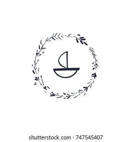 Vector hand drawn boat and frame. Poster, postcard, sticker, print, illustration, elements for design and other.
