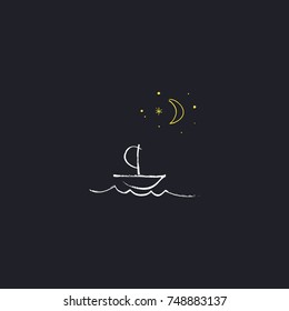 Vector hand drawn boat and moon. Poster, postcard, sticker, print, element for design and other.
