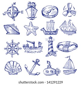 vector hand drawn boat and ship icons set on white