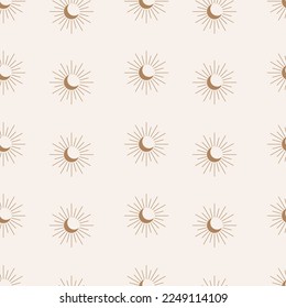 Vector hand drawn bohemian seamless pattern. Mysteriouse sun sumbol bohemian illustration
