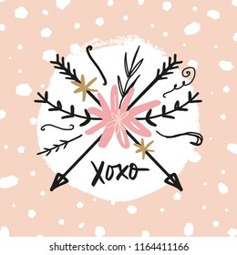 Vector hand drawn boho arrows label, pastel print. It may be used for sticker, poster, postcard, badge, layout, greeting card, patch, wall art, phone case, t-shirt
