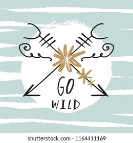 Vector hand drawn boho arrows label, pastel print. It may be used for sticker, poster, postcard, badge, layout, greeting card, patch, wall art, phone case, t-shirt