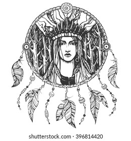 Vector hand drawn boho black and white illustration of beautiful indian girl and dream catcher. Native american tribal sketch background
