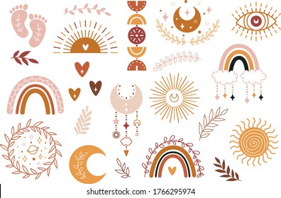 Vector hand drawn boho clipart for nursery decoration with cute rainbows and moon, sun, cloud, dream catcher. Doodle modern illustration. Perfect for baby shower, birthday, children's party - Shutterstock ID 1766295974