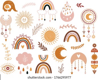Vector hand drawn boho clipart for nursery decoration with cute rainbows and moon, sun, cloud, dream catcher. Doodle modern illustration. Perfect for baby shower, birthday, children's party - Shutterstock ID 1766295977