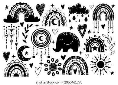 Vector hand drawn boho clipart with rainbows, sun, moon, elephant. Illustration in black and white. Set of items for greeting cards, kids, baby room, children birthday, party