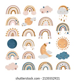 Vector hand drawn boho clipart for nursery decoration with cute rainbows and moon, sun, cloud, dream catcher. Doodle modern illustration. Perfect for baby shower, birthday, children's party