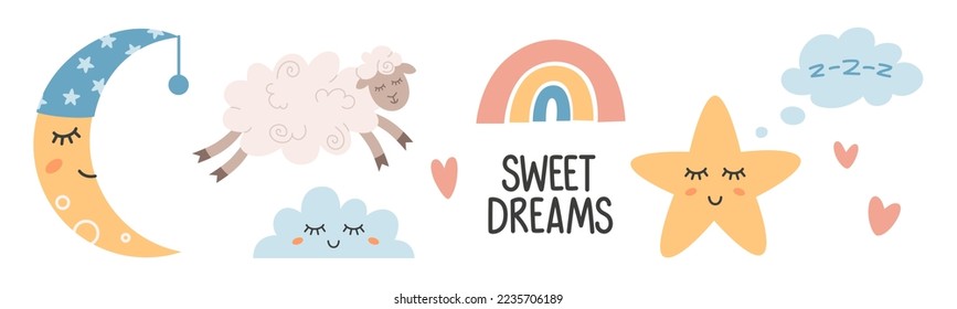 Vector hand drawn boho clipart for nursery decoration with cute rainbows, crescent moon, cloud, lamb. Modern illustration. Perfect for baby shower, birthday, children's party