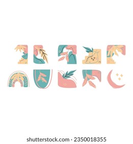 Vector hand drawn boho clipart for nursery decoration with cute rainbow and moon, sun, clouds, dream catcher. Doodle modern illustration. Perfect for baby showers, birthdays, kids parties