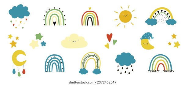Vector de clipart de boho dibujado a mano para la decoración de vivero con hermosos arcos y luna, sol, nube, cazador de sueños. Dibujo moderno Doodle. Perfecto para la ducha de bebé, cumpleaños, fiesta infantil
