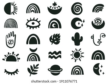 Vector hand drawn boho elements for decoration. Bohemian mystery symbols. Perfect for clothing prints, social networks design, greeting cards, icons