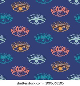 Vector hand drawn boho eyes doodles seamless repeat pattern. Ethnic fabric background, modern textile print, clothes, wallpaper, wrapping paper. Bohemian fashion. Trendy surface design.