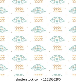 Vector hand drawn boho eyes doodles seamless repeat pattern. Ethnic aztec fabric background, modern textile print, clothes, wallpaper, wrapping paper. Bohemian fashion. Trendy surface design.