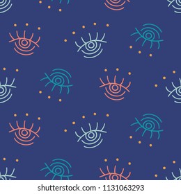 Vector hand drawn boho eyes doodles seamless repeat pattern. Ethnic fabric background, modern textile print, clothes, wallpaper, wrapping paper. Bohemian fashion. Trendy surface design.