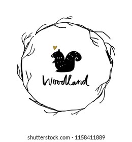 Vector hand drawn boho label, sign. "Woodland" text, cute squirrel, inspirational print for card, t-shirt and other. Isolated.