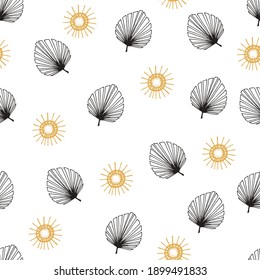Vector hand drawn boho pattern. Sun, leaves on a white background.