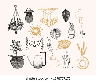 Boho dibujado a mano por vectores. Plantas, macrame, hojas, luna, taza y más. Esbozo e ilustración de línea.