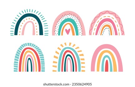 Vector hand drawn boho rainbows cute set in pastel and earthy colors vector isolated elements.