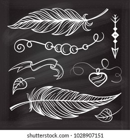 Vector hand drawn boho style elements set on a chalkboard background