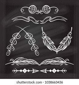 Vector hand drawn boho style elements set on a chalkboard background