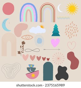 Vector hand drawn boho style clipart for baby room decoration with cute rainbows and moon, sun, cloud, Modern Doodle illustration, Perfect for baby shower, birthday, baby shower.