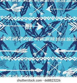Vector hand drawn boho style pattern. Arrows and feathers. Seamless tribal background.